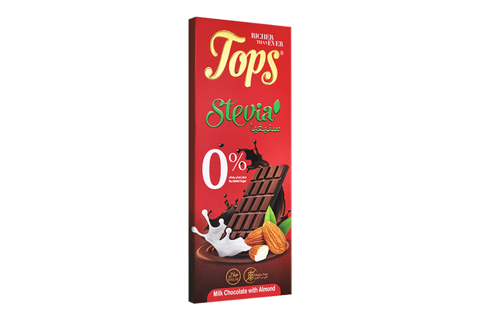 Tops Chocolate Bar Milk with Almonds Sugar - Free Stevia 50g | توبس شوكولاتة بار حليب مع لوز خالي من السكر ستيفيا - 2kShopping