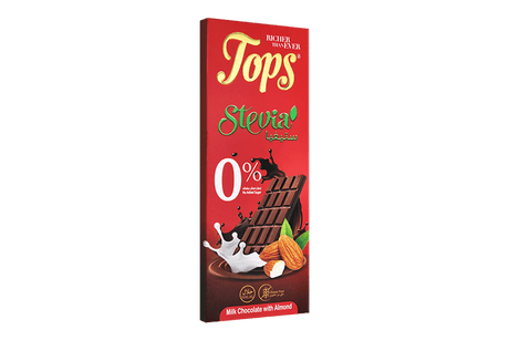 Tops Chocolate Bar Milk with Almonds Sugar - Free Stevia 50g | توبس شوكولاتة بار حليب مع لوز خالي من السكر ستيفيا - 2kShopping