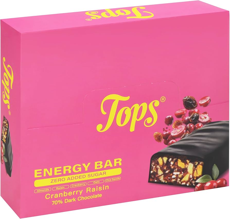 Tops 70% Dark Chocolate Energy Bar with Cranberry & Raisin Sugar Free Box of 12 x 50g