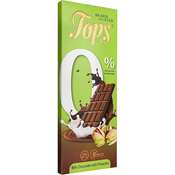 Tops Chocolate Bar Milk with Pistachio Sugar - Free 50g | توبس شوكولاتة بالحليب والفستق خالية من السكر - 2kShopping