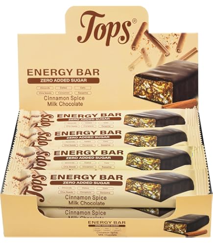 Tops Milk Chocolate Energy Bar with Cinnamon Spice Sugar Free Box of 12 x 50g