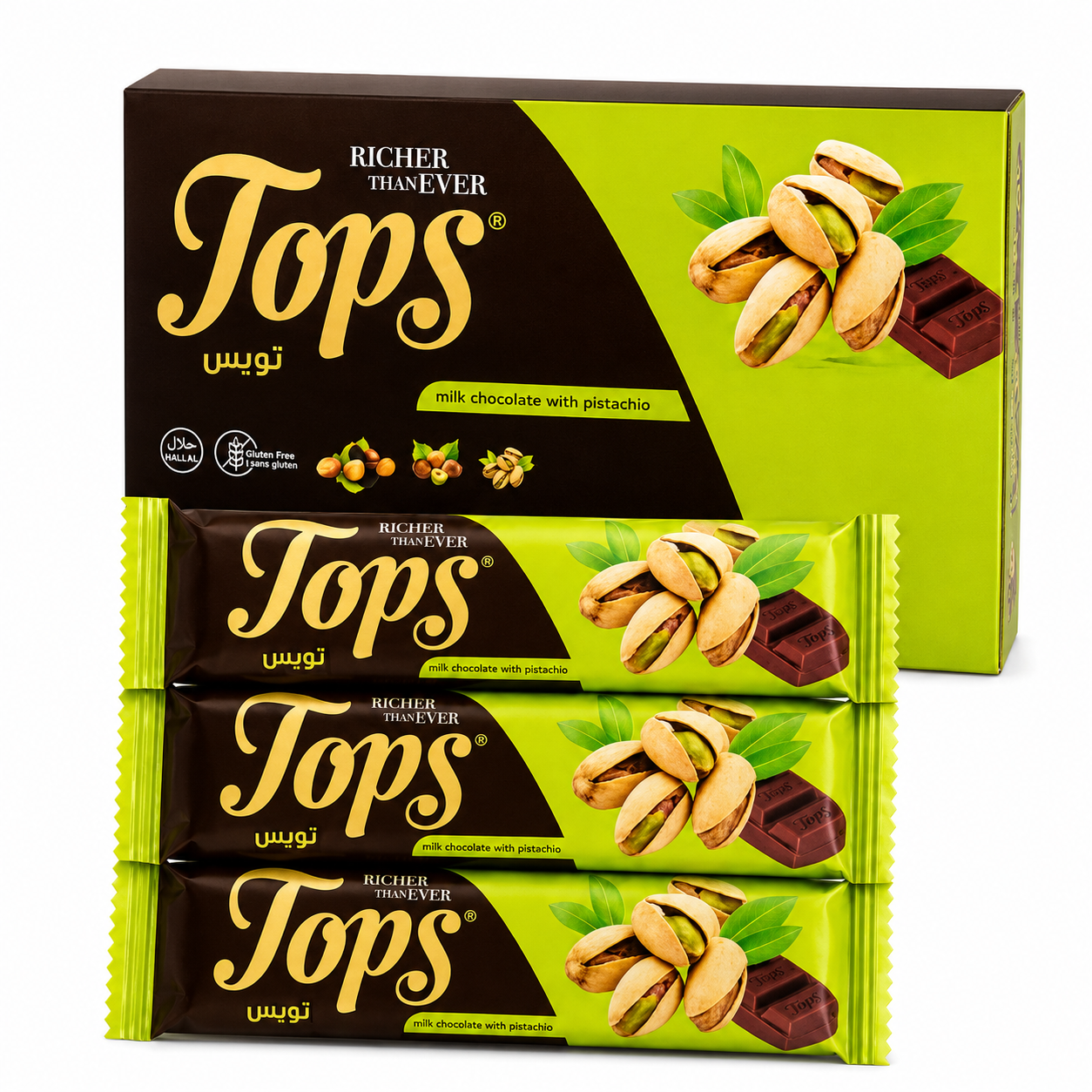 Tops Milk Chocolate Bar with Pistachio Box of 16 x 3's 36g