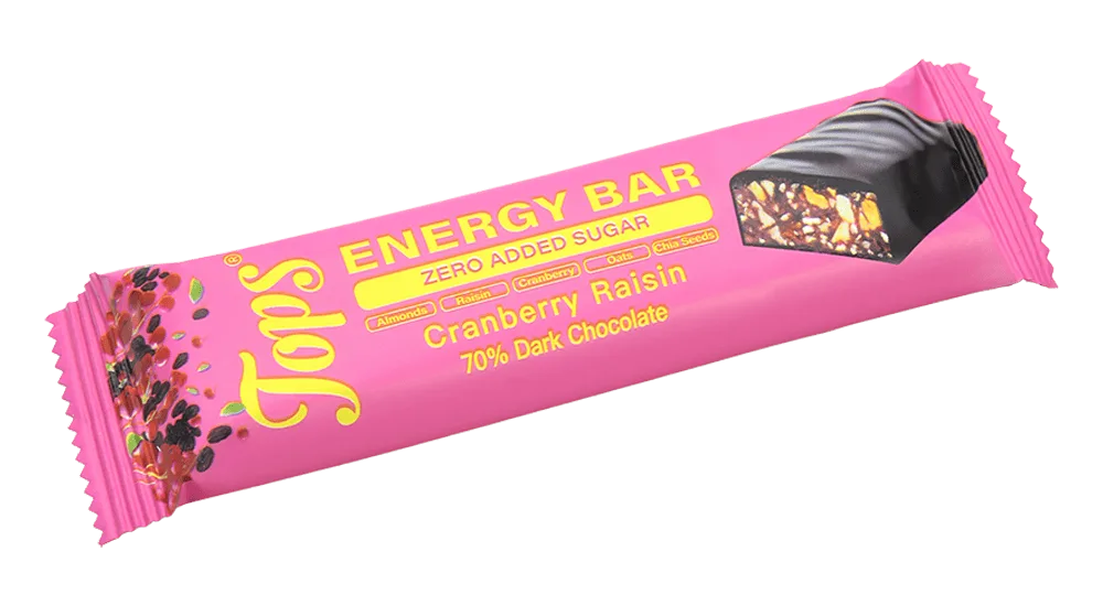 Tops 70% Dark Chocolate Energy Bar with Cranberry & Raisin Sugar Free Box of 12 x 50g