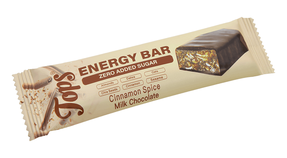 Tops Milk Chocolate Energy Bar with Cinnamon Spice Sugar Free Box of 12 x 50g