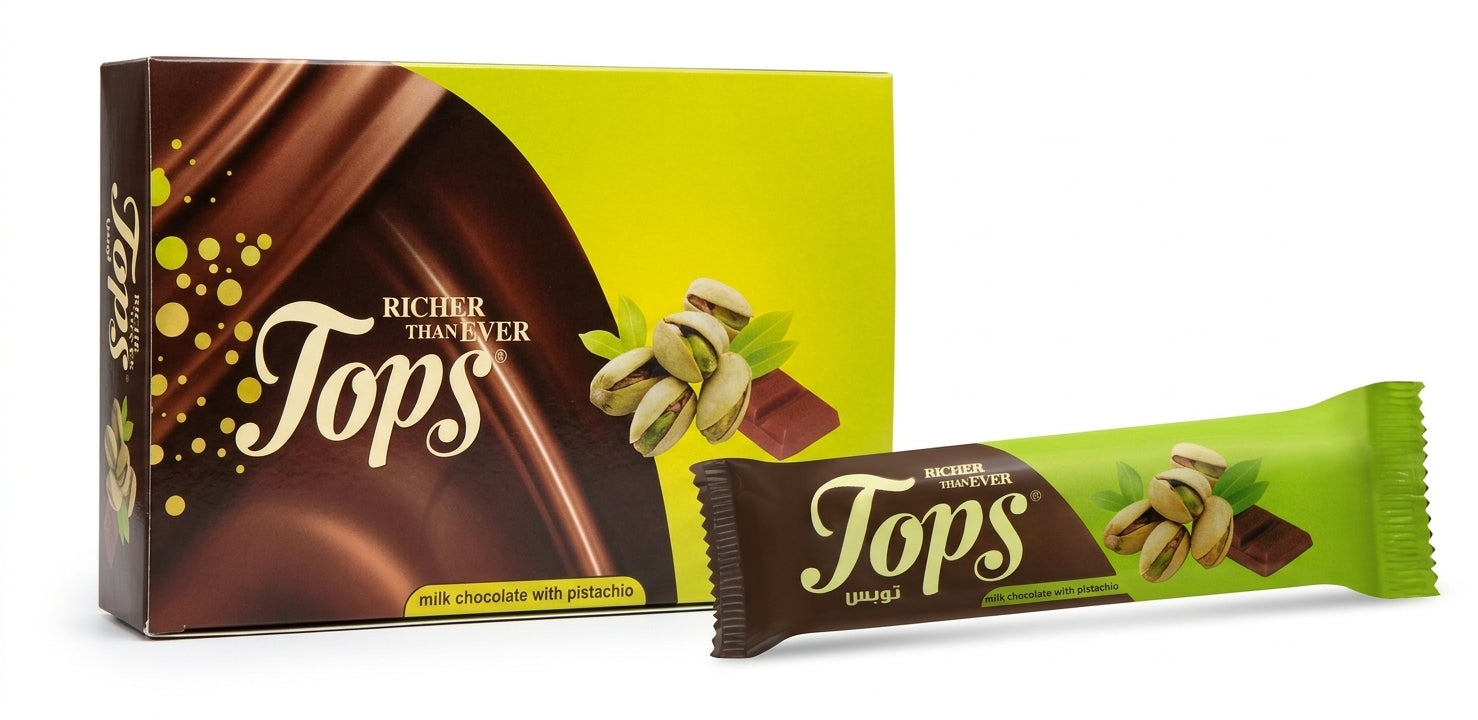 Tops Milk Chocolate Bar with Pistachio Box of 24 x 36g