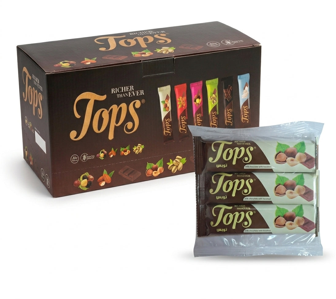 Tops Milk Chocolate Bar with Hazelnut Box of 16 x 3's 36g