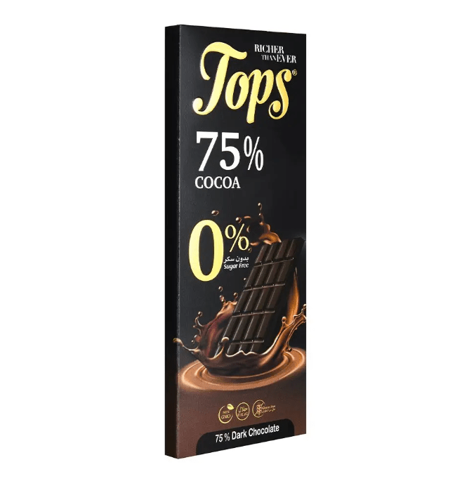 Tops Chocolate Bar Dark 75% Sugar - Free Pack 12 X 50g | بوكس توبس شوكولا دارك ٧٥٪ بدون سكر - 2kShopping