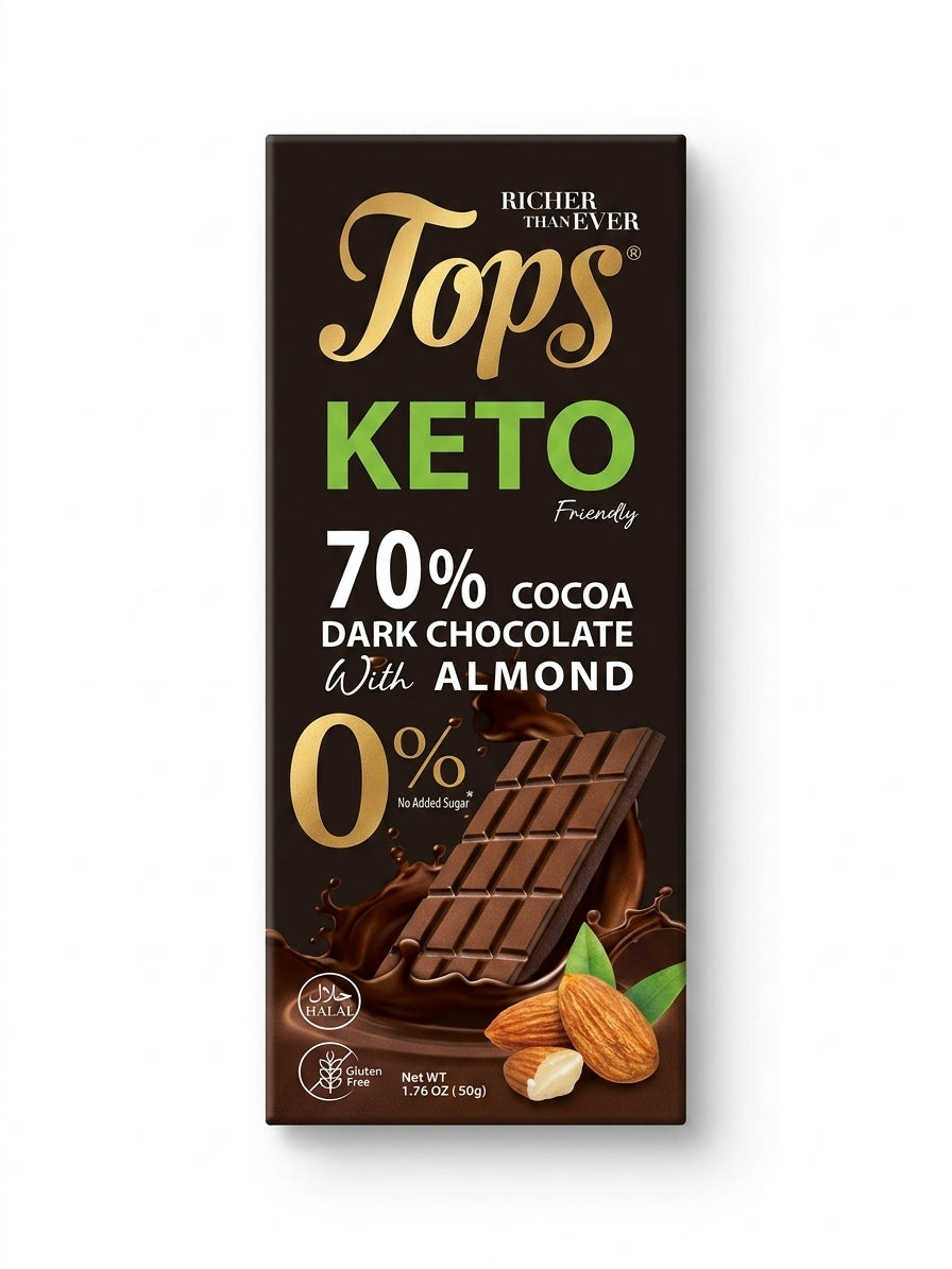 Tops 70% Cocoa Dark Chocolate Bar with Almond Keto Sugar Free Box of 12 x 50g