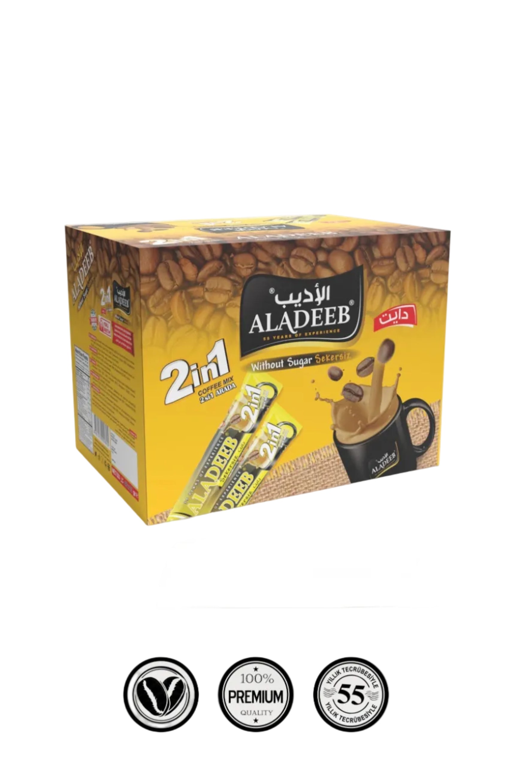 Aladeeb 2 in 1 Sugar Free Coffee Box of 24 x 10g | قهوة الأديب ٢ في ١ خالية من السكر علبة ٢٤ × ١٠ جم
