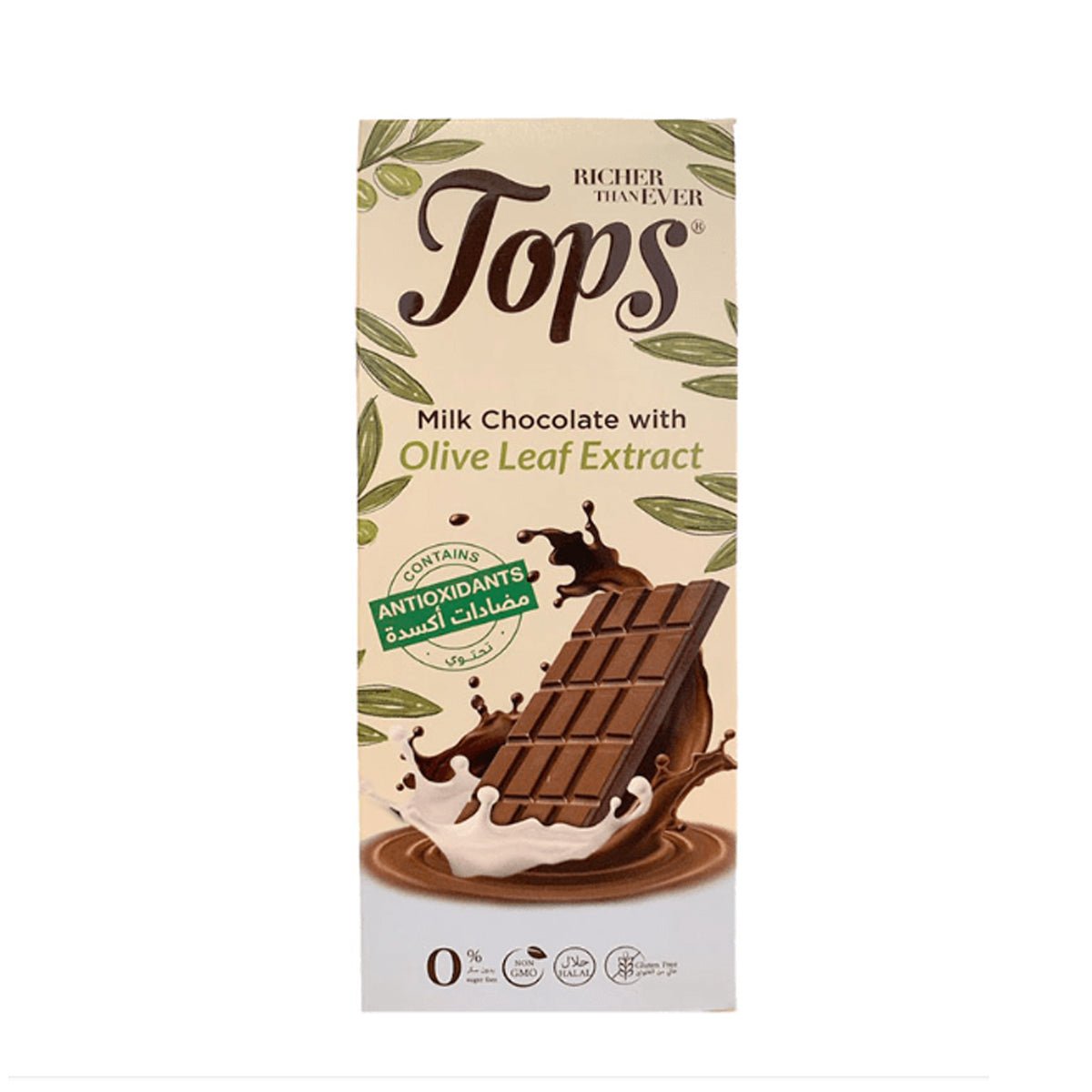 Tops Chocolate Bar Milk Sugar - Free with Antioxidant 50g | توبس شوكولا بالحليب مع مضادات الاكسدة بدون سكر - 2kShopping