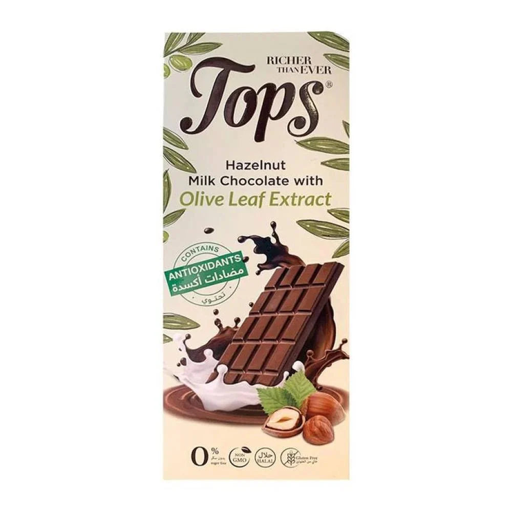 Tops Chocolate Bar Milk with Hazelnut Sugar - Free with Antioxidant 50g (Exp: 01/03/2026)| توبس شوكولا الحليب بالبندق مع مضادات الاكسدة بدون سكر - 2kShopping
