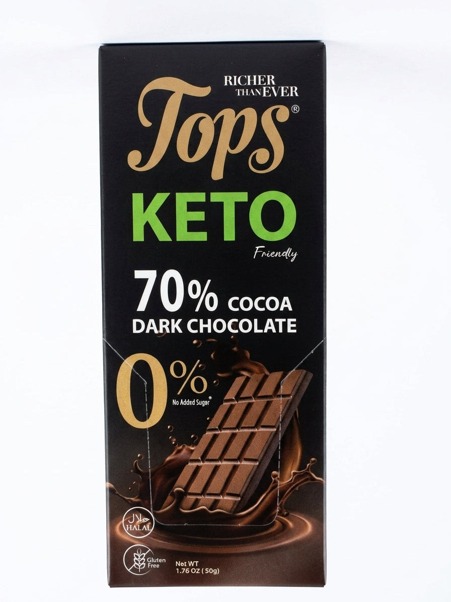 Tops 70% Cocoa Dark Chocolate Bar Keto Sugar Free Box of 12 x 50g