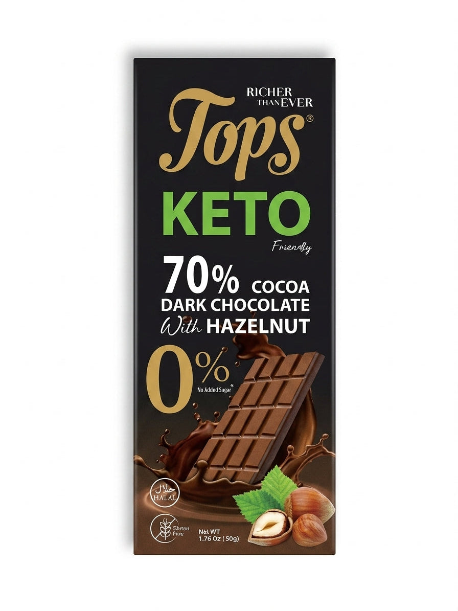 Tops 70% Cocoa Dark Chocolate Bar with Hazelnut Keto Sugar Free Box of 12 x 50g