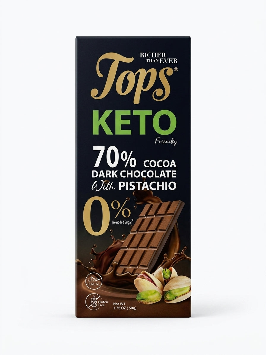 Tops 70% Cocoa Dark Chocolate Bar with Pistachio Keto Sugar Free Box of 12 x 50g